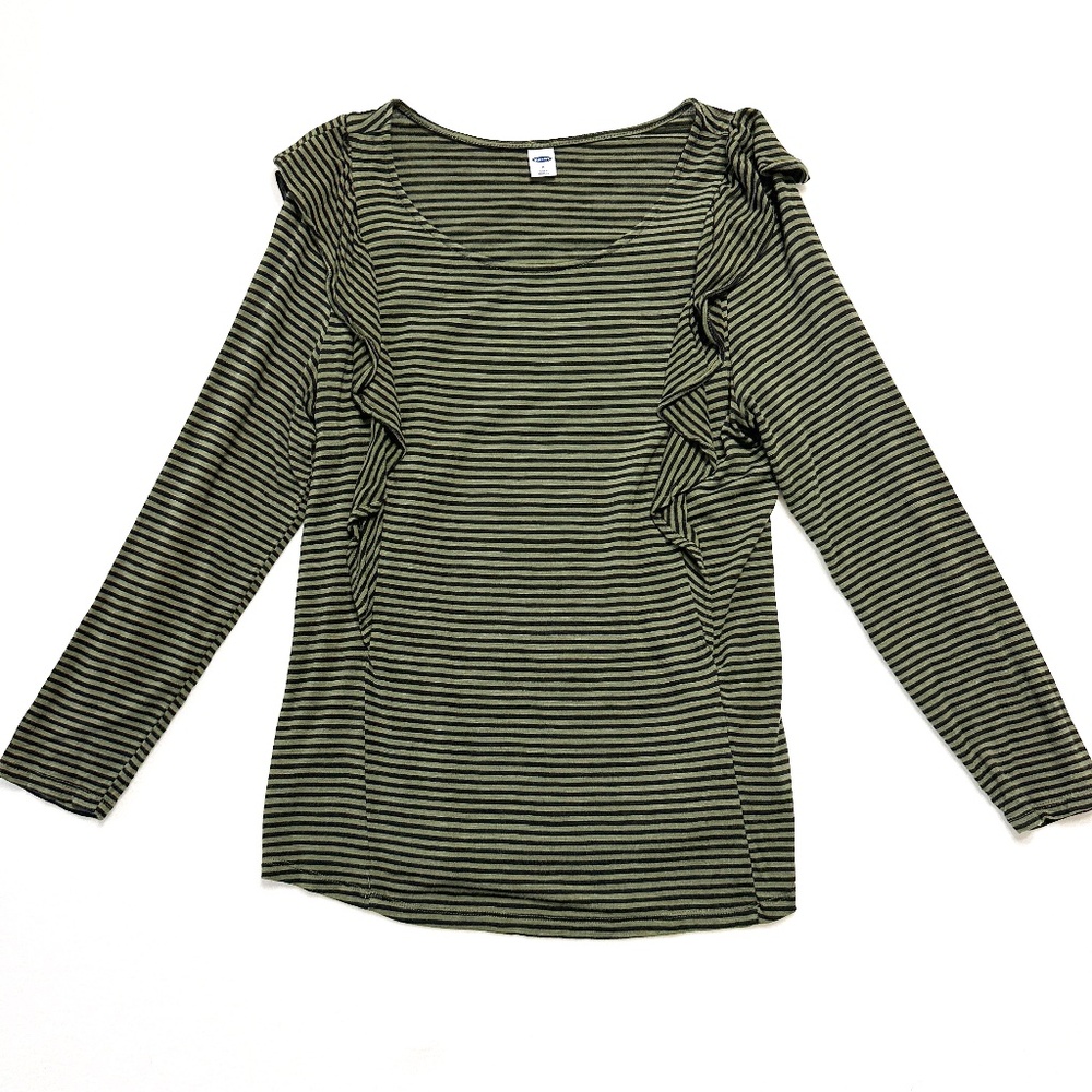 Old Navy Green Stripe Slub Knit Top Womens Medium Ruffle Trim Long Sleeve